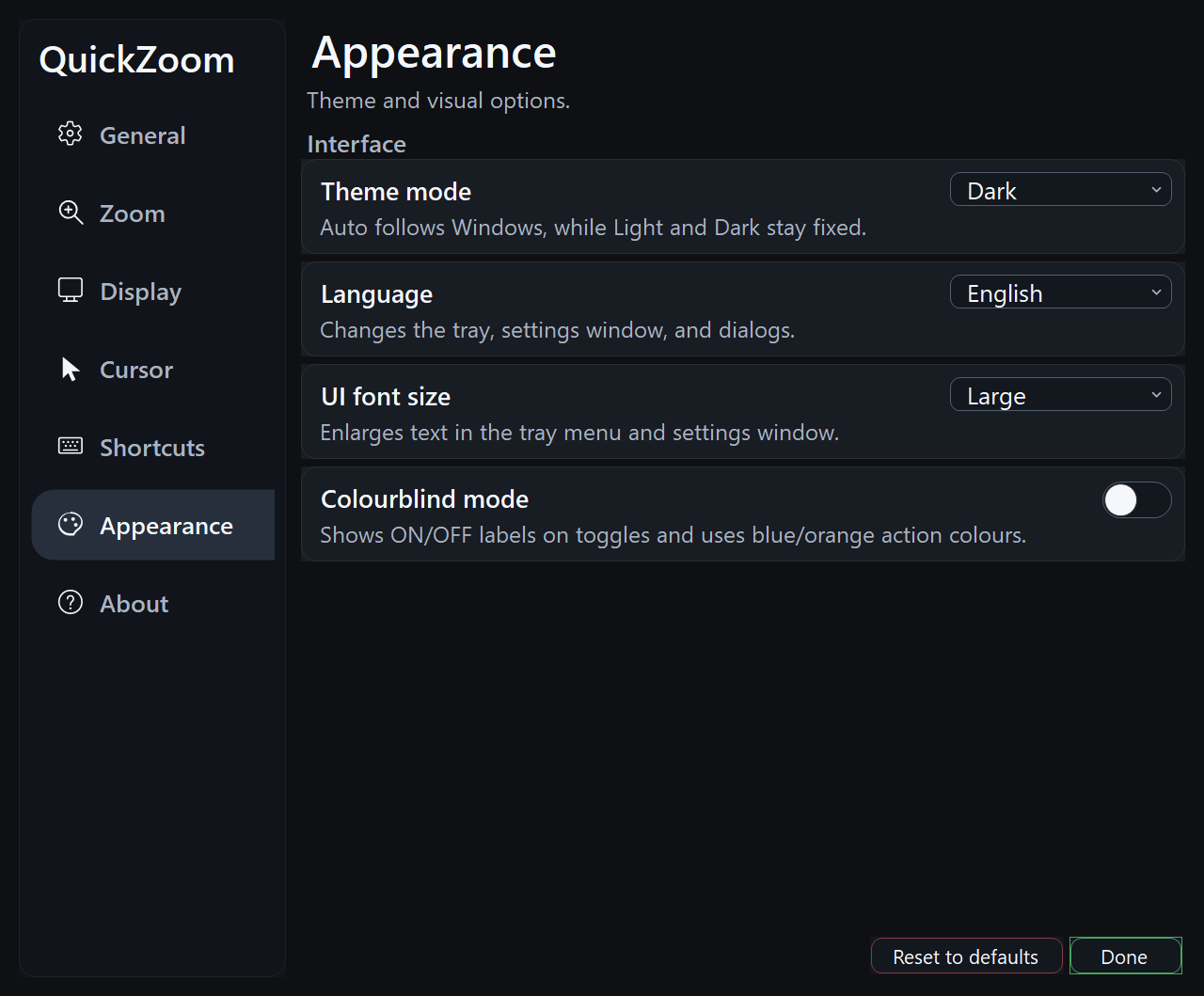 QuickZoom interface appearance settings for theme, languages, text size, and colourblind mode