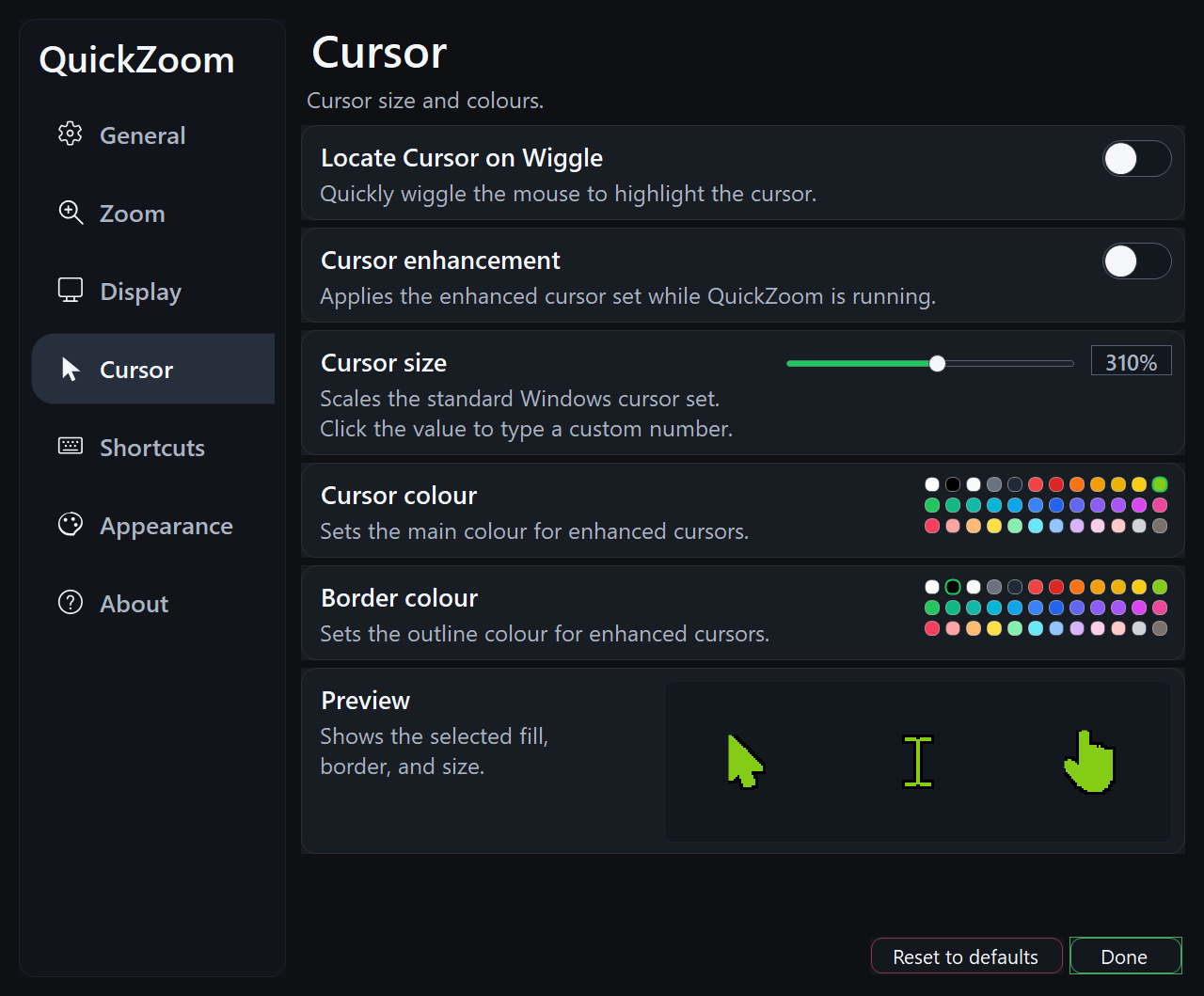 QuickZoom cursor settings for size and colors