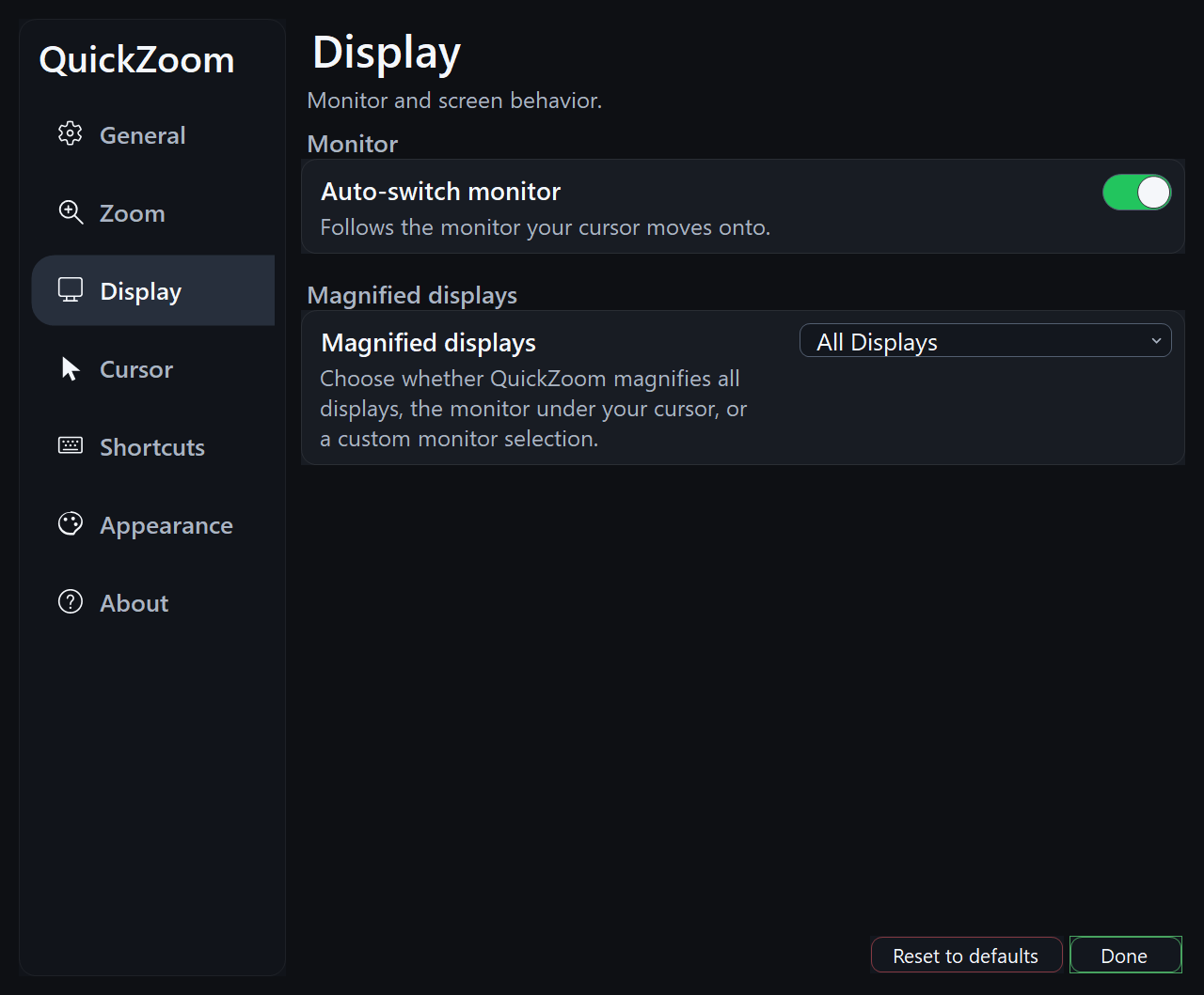 QuickZoom display settings for monitor selection