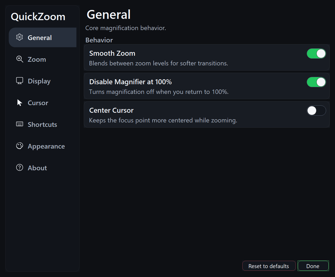 QuickZoom general settings window