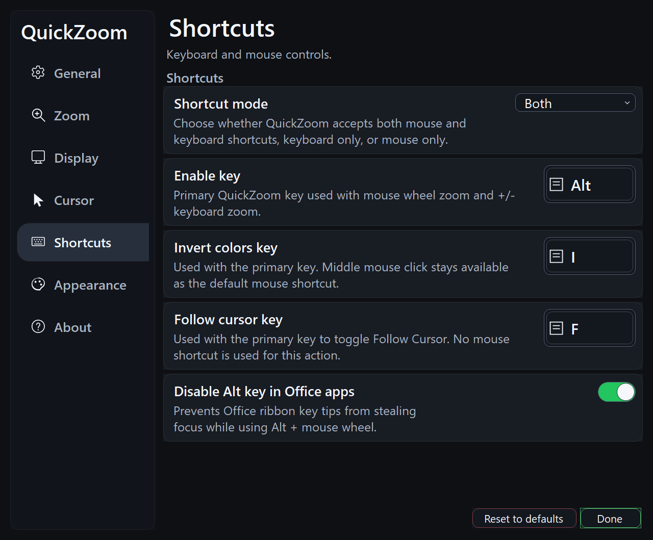 QuickZoom shortcut settings for keyboard and mouse controls