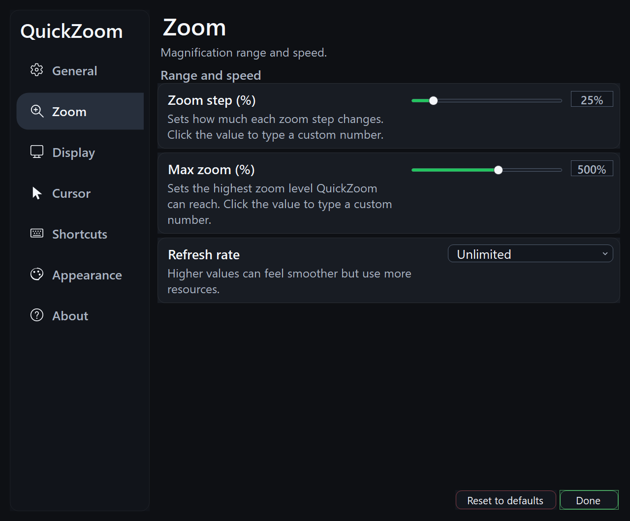 QuickZoom zoom settings for zoom step and maximum zoom