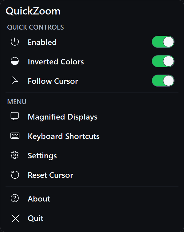 QuickZoom tray menu in dark theme